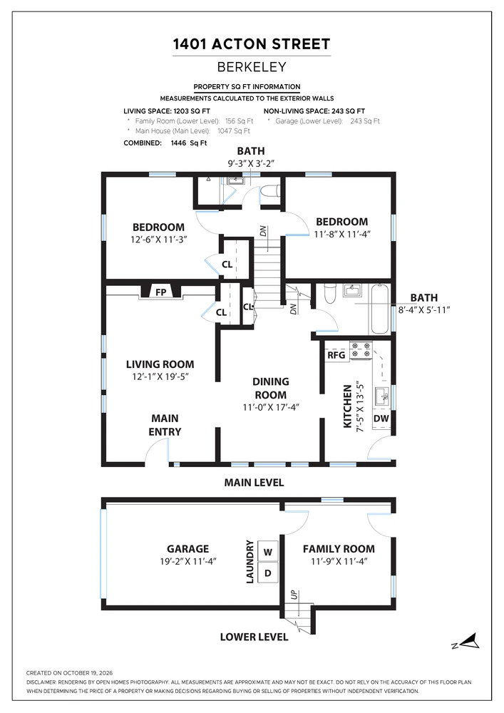 Open Homes floor plan showing two bedrooms, two bathrooms, living room, dining room, kitchen, and lower-level garage, laundry and family room.
